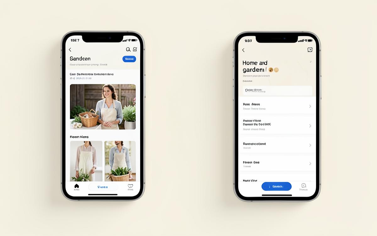 Concept mobile product and cart screens for a fictional home and garden brand